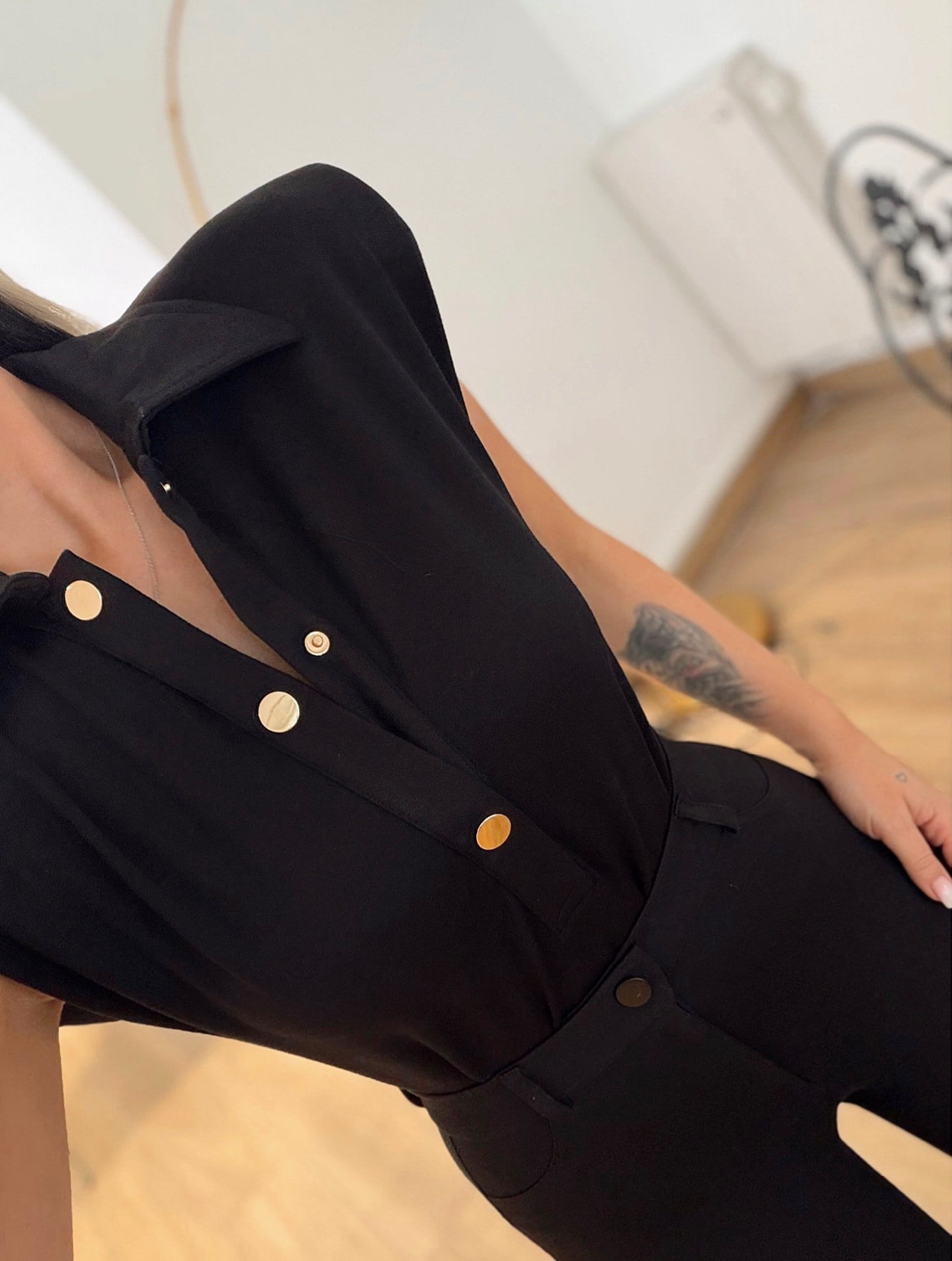 Premium Vatkalı Polo Yaka Siyah Bodysuit