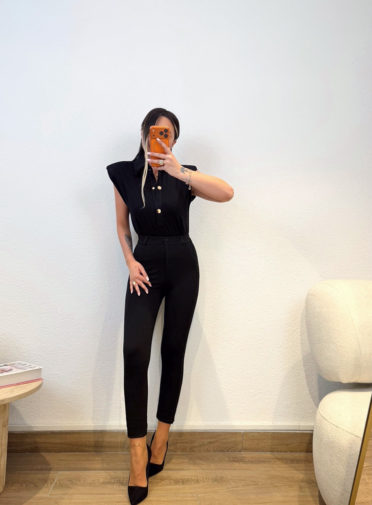 Premium Vatkalı Polo Yaka Siyah Bodysuit