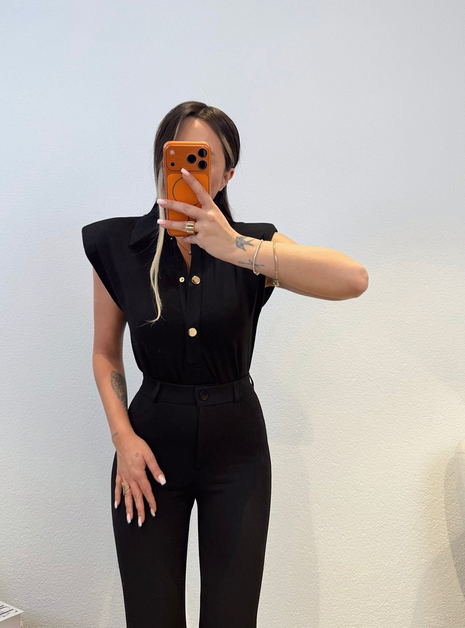Premium Vatkalı Polo Yaka Siyah Bodysuit