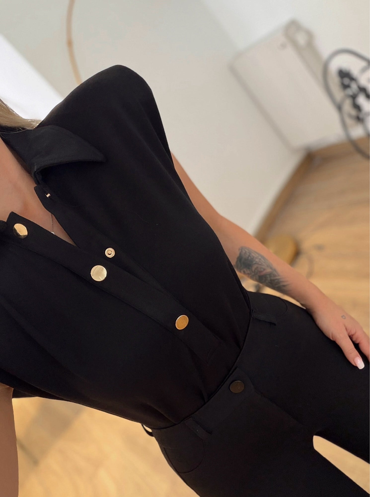 Premium Vatkalı Polo Yaka Siyah Bodysuit