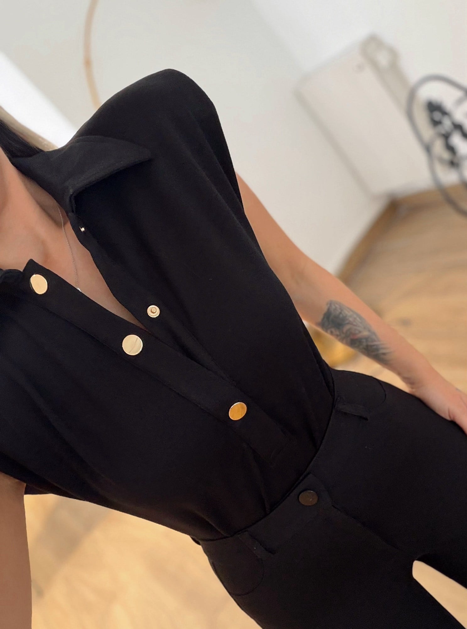 Premium Vatkalı Polo Yaka Siyah Bodysuit