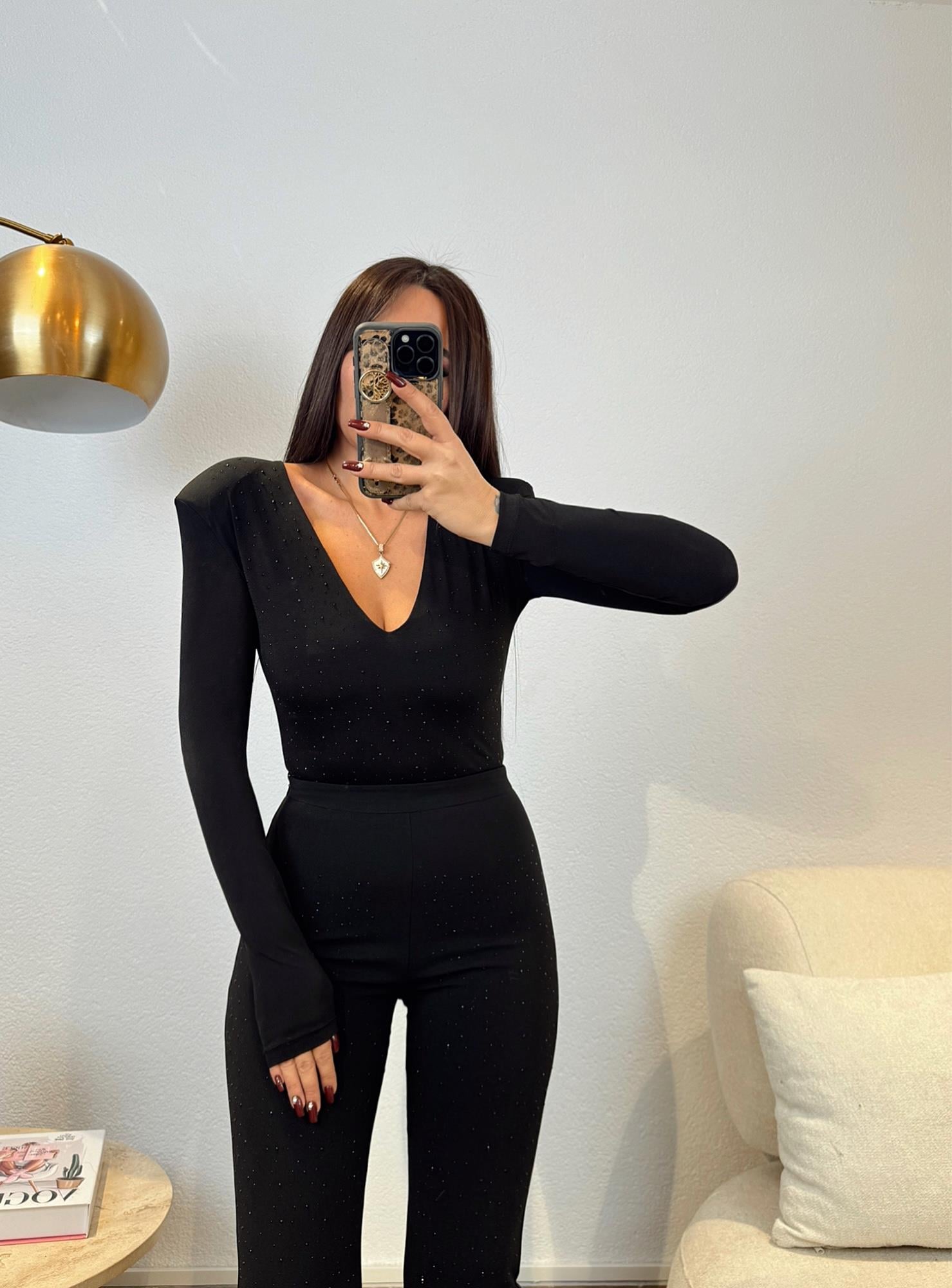 Premium Vatkalı Siyah Taşlı Bodysuit