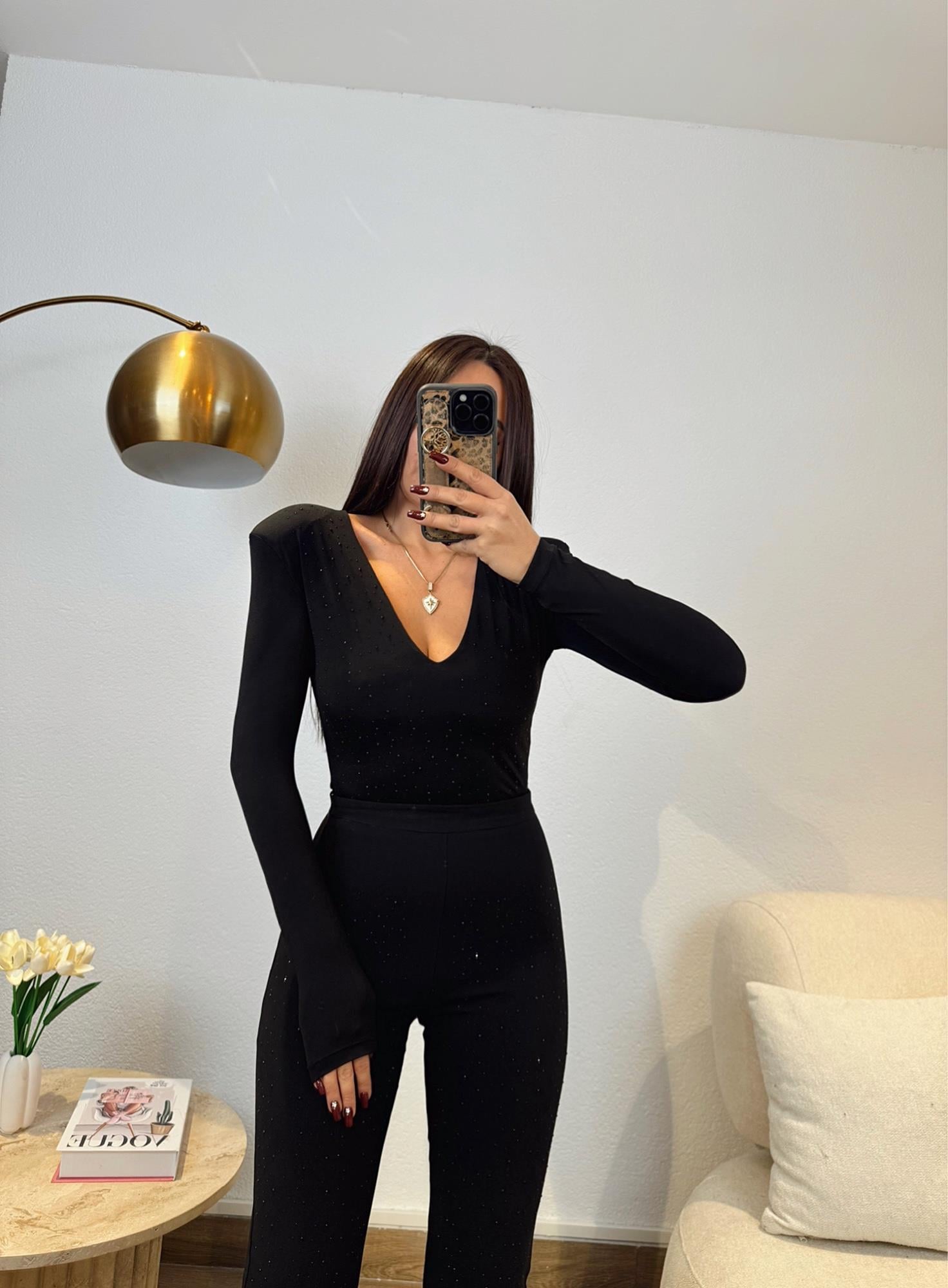 Premium Vatkalı Siyah Taşlı Bodysuit