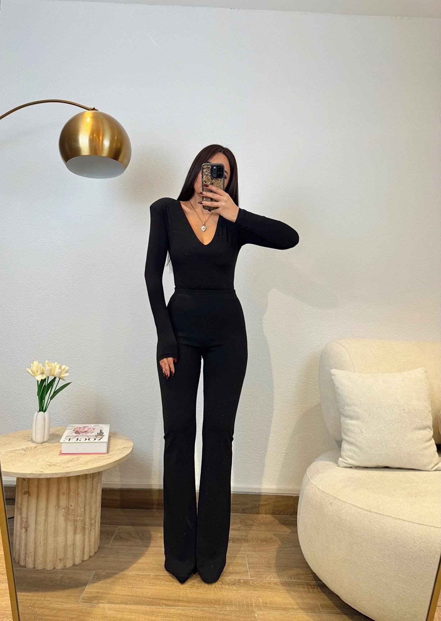 Premium Vatkalı Siyah Taşlı Bodysuit