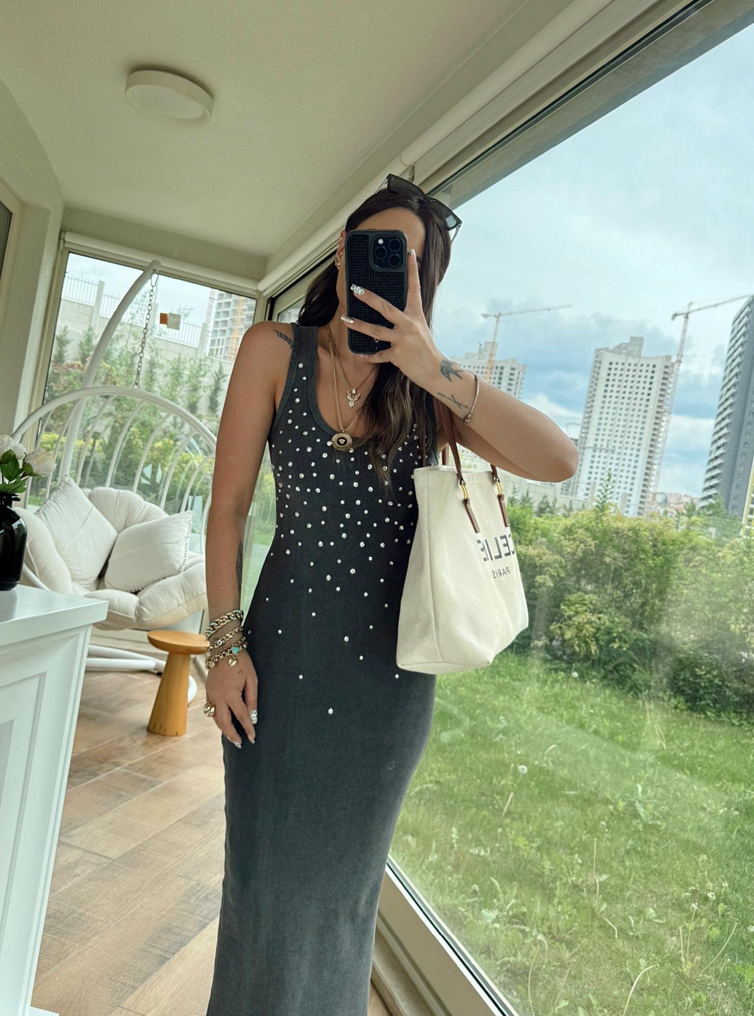 Premium Yıkamalı Taşlı Midi Boy Elbise