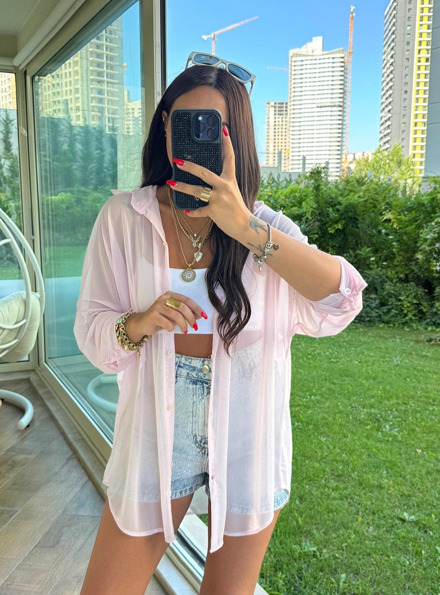 Pudra Pembe Oversize Tül Gömlek