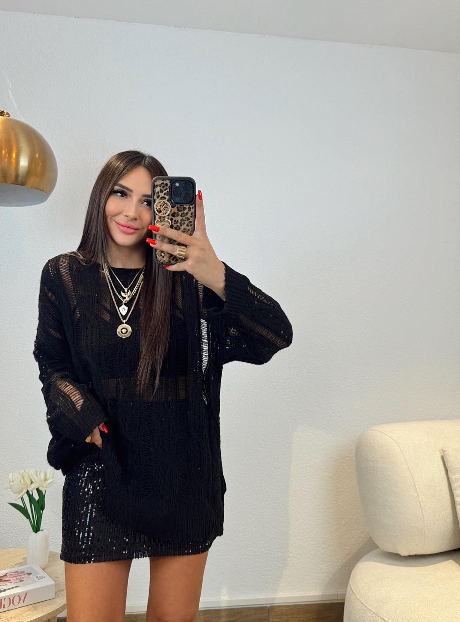 Pul Payet Siyah Mini Elbise