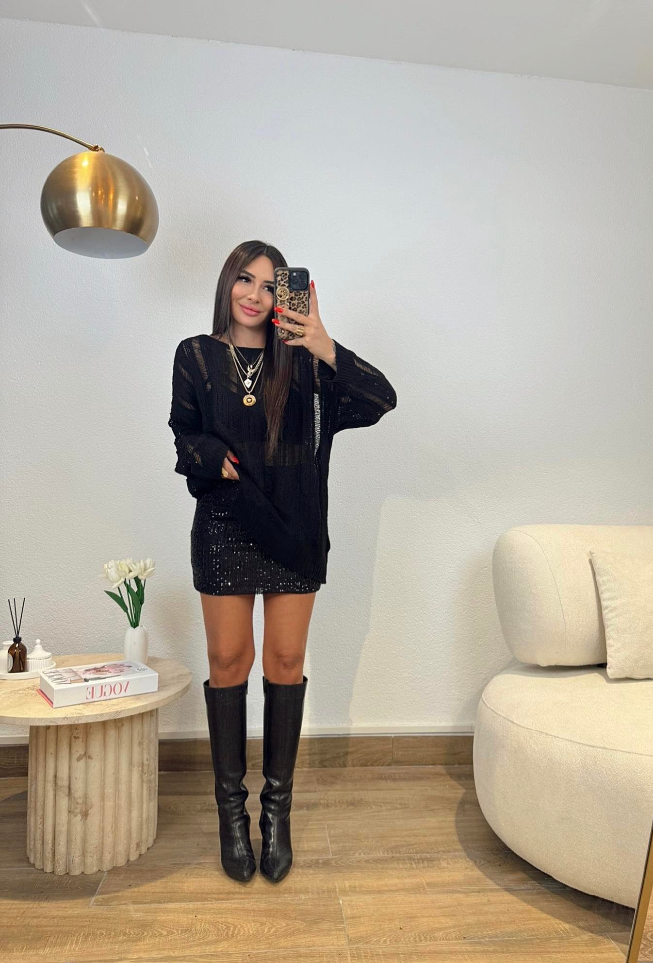 Pul Payet Siyah Mini Elbise