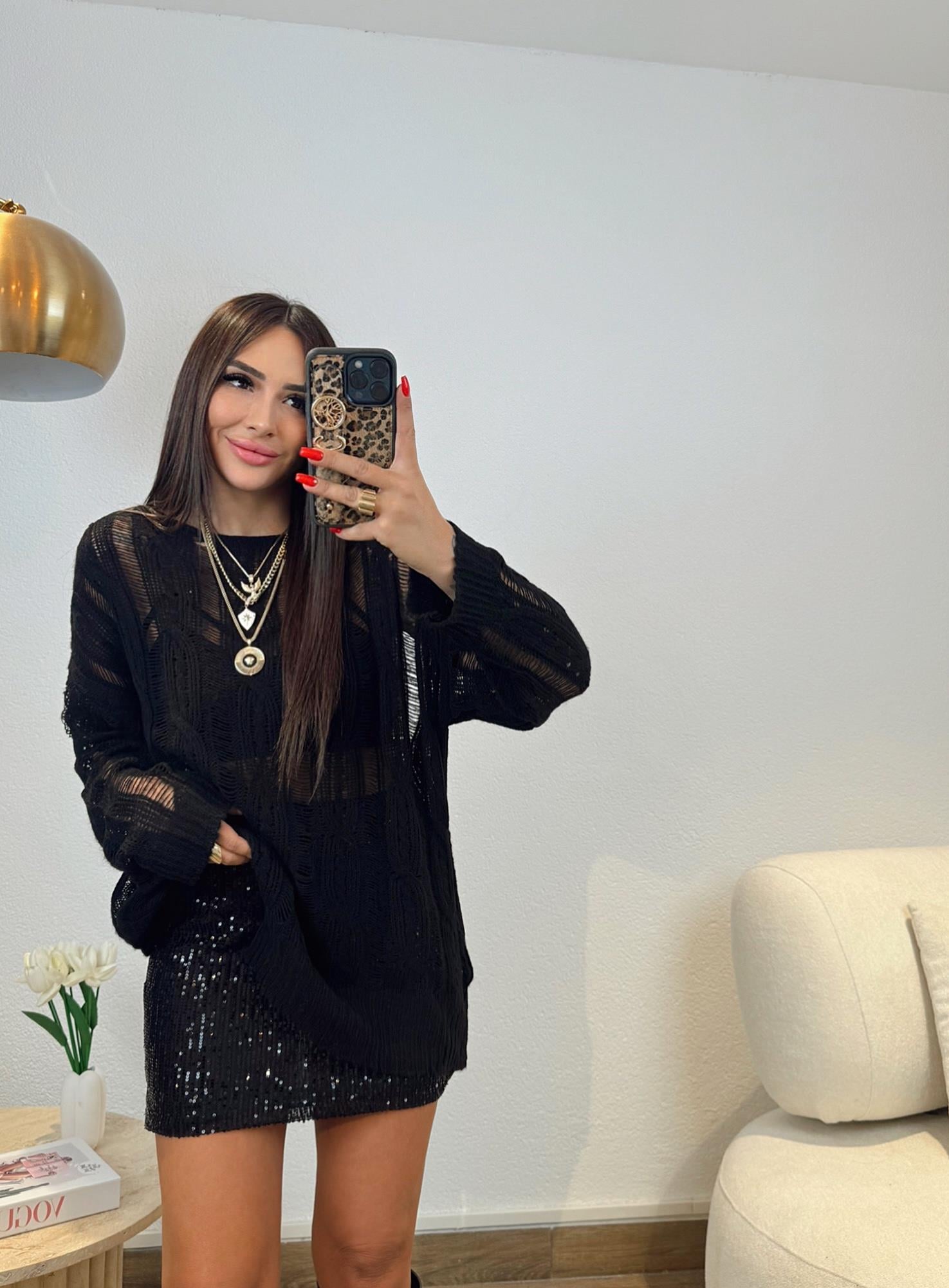Pul Payet Siyah Mini Elbise