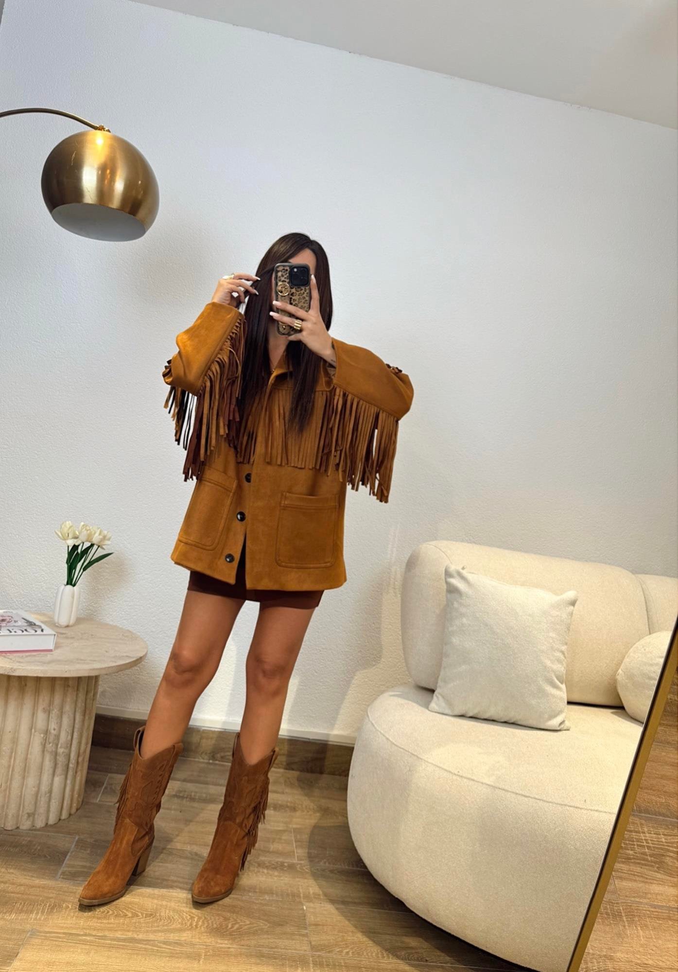 Püsküllü Taba Oversize Suet Ceket