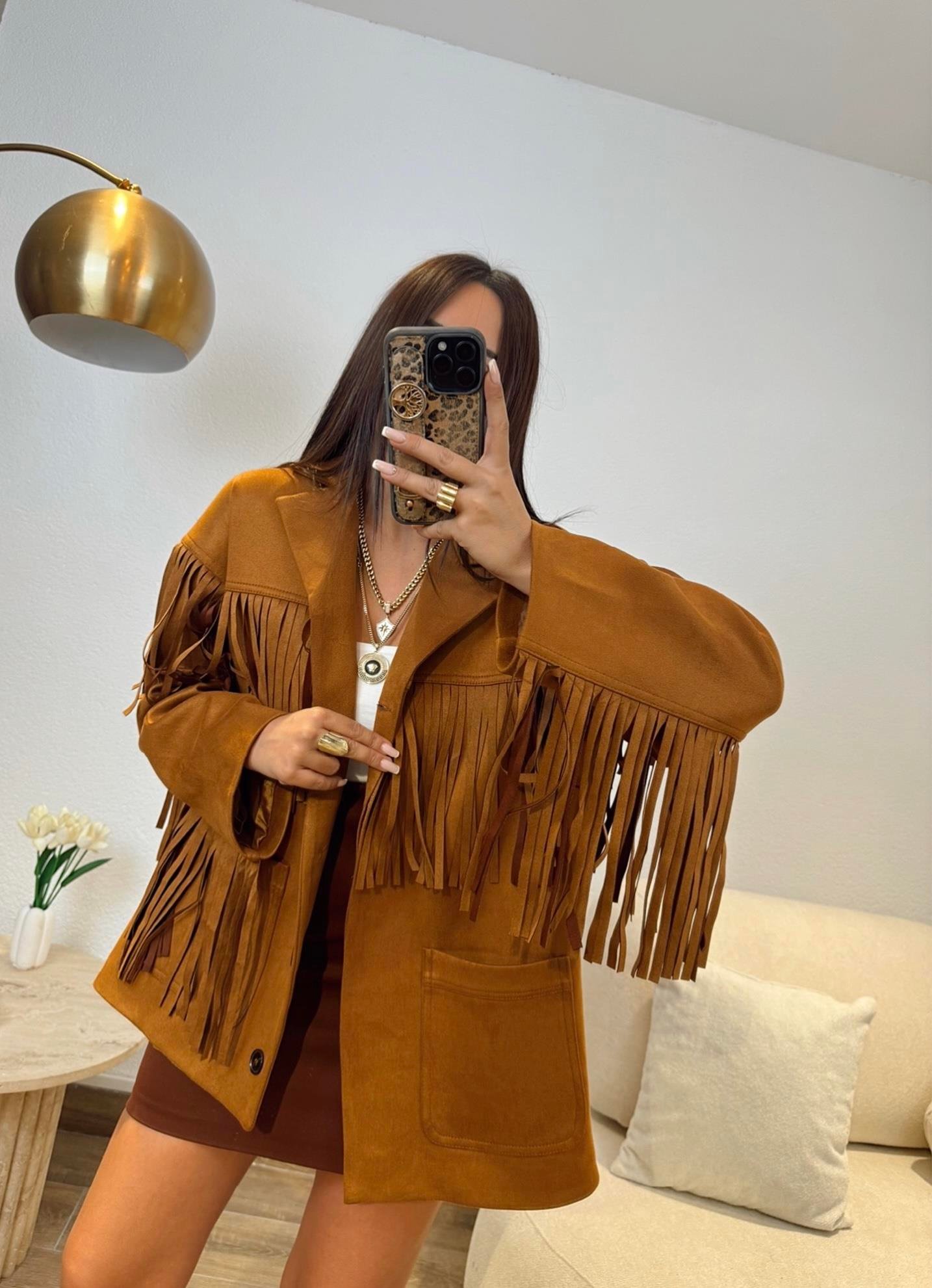 Püsküllü Taba Oversize Suet Ceket