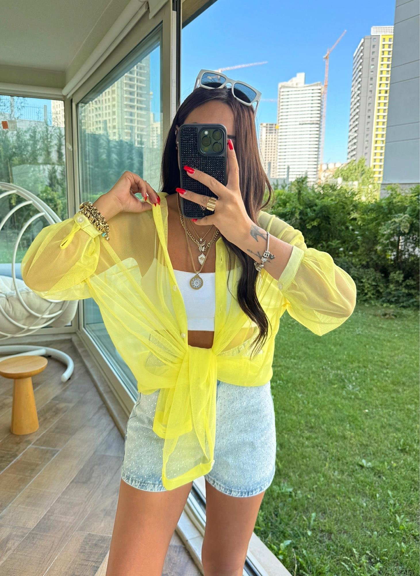Sarı Oversize Tül Gömlek