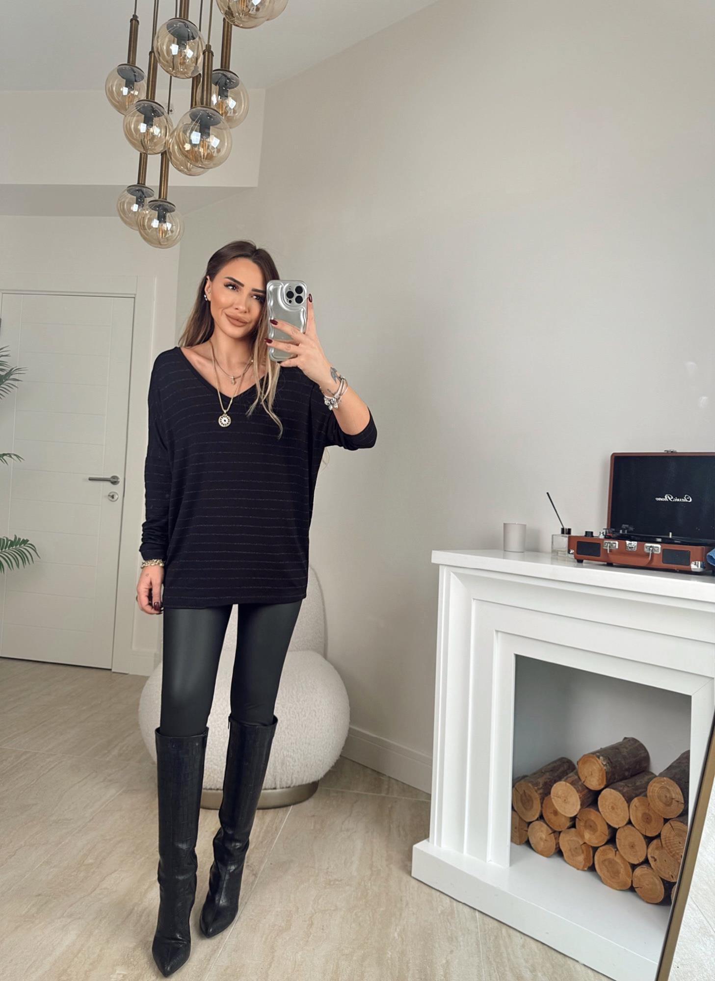 Simli Çizgili Ön Arka V Siyah Tunik