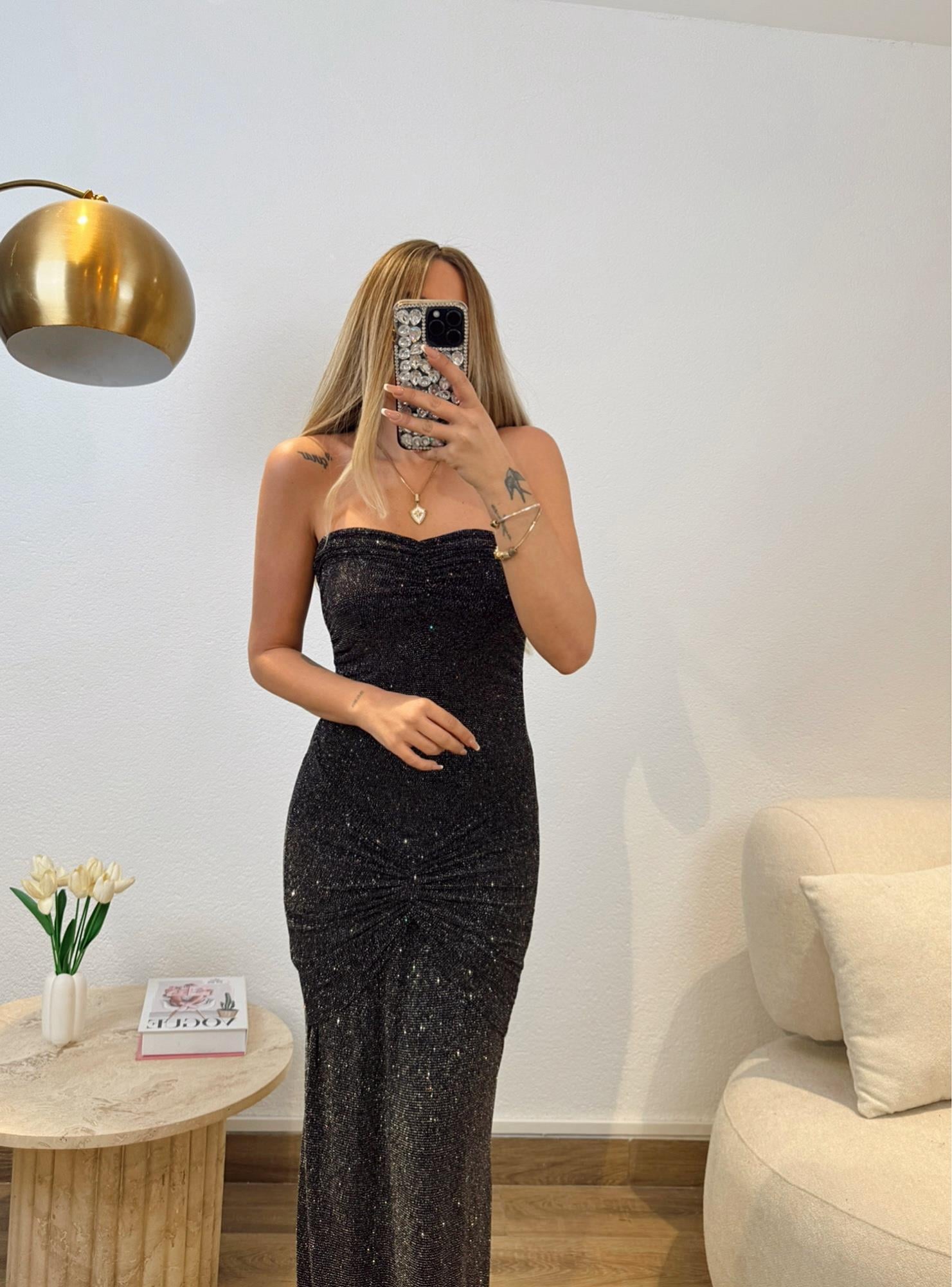 Simli Straplez Maxi Elbise