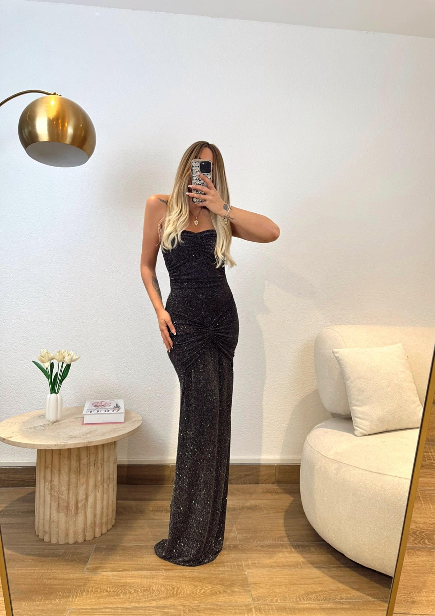 Simli Straplez Maxi Elbise