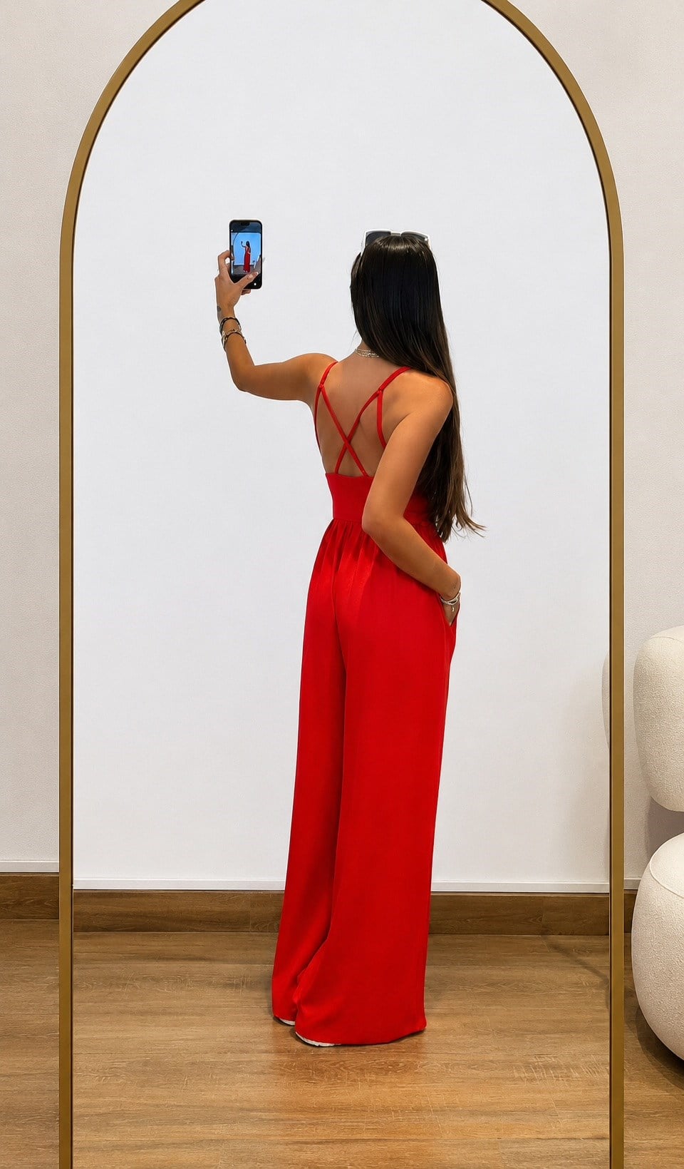 Sırt Çapraz İp Askılı Kırmızı Modal Tulum