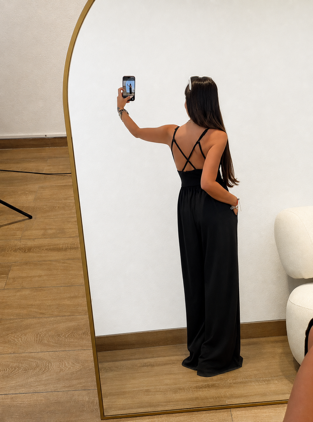 Sırt Çapraz İp Askılı Siyah Modal Tulum
