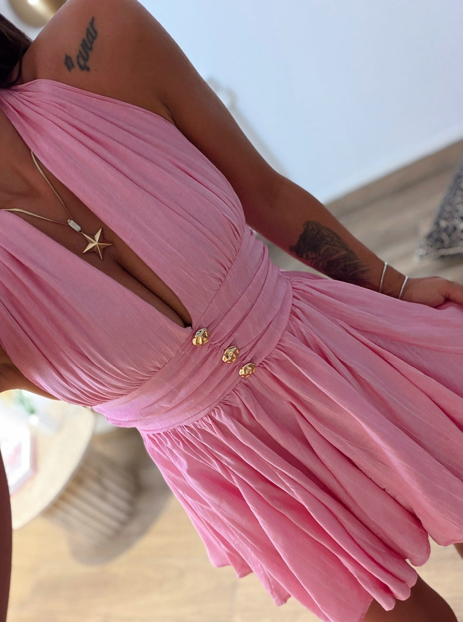 Sırt Dekolte Gold Düğmeli Keten Mini Pembe Elbise