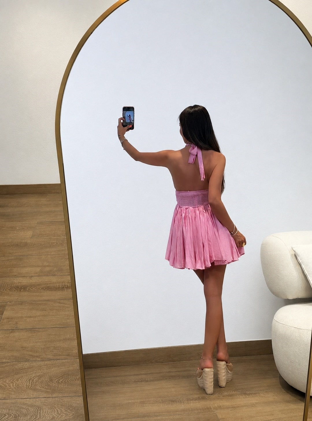 Sırt Dekolte Gold Düğmeli Keten Mini Pembe Elbise