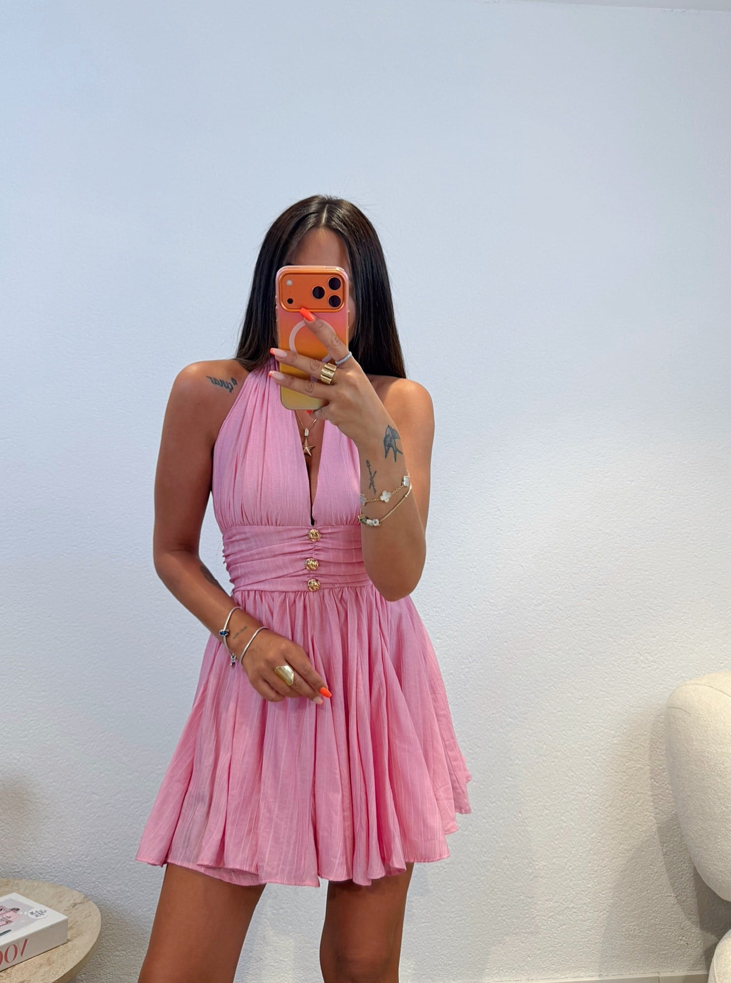 Sırt Dekolte Gold Düğmeli Keten Mini Pembe Elbise