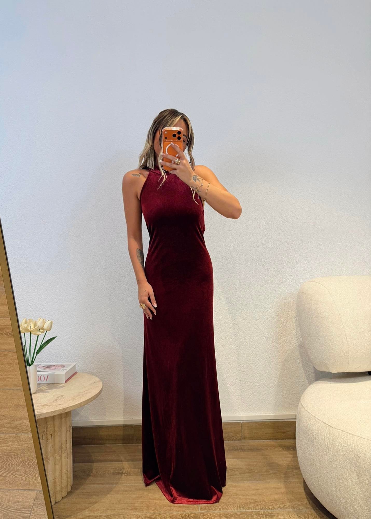 Sırt Dekolteli Kadife Bordo Maxi Elbise
