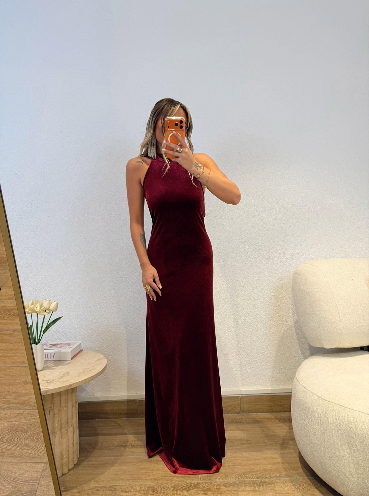 Sırt Dekolteli Kadife Bordo Maxi Elbise