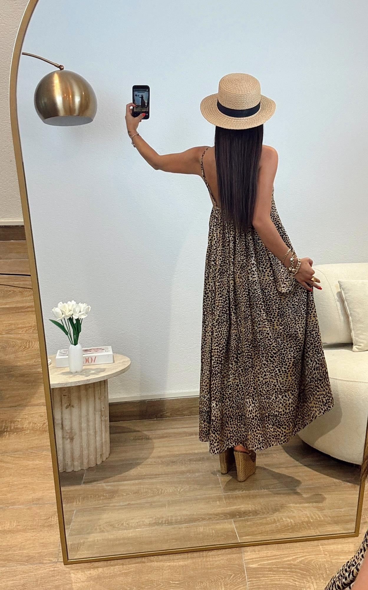 Sırtı Açık Salaş Maxi Leopar Elbise