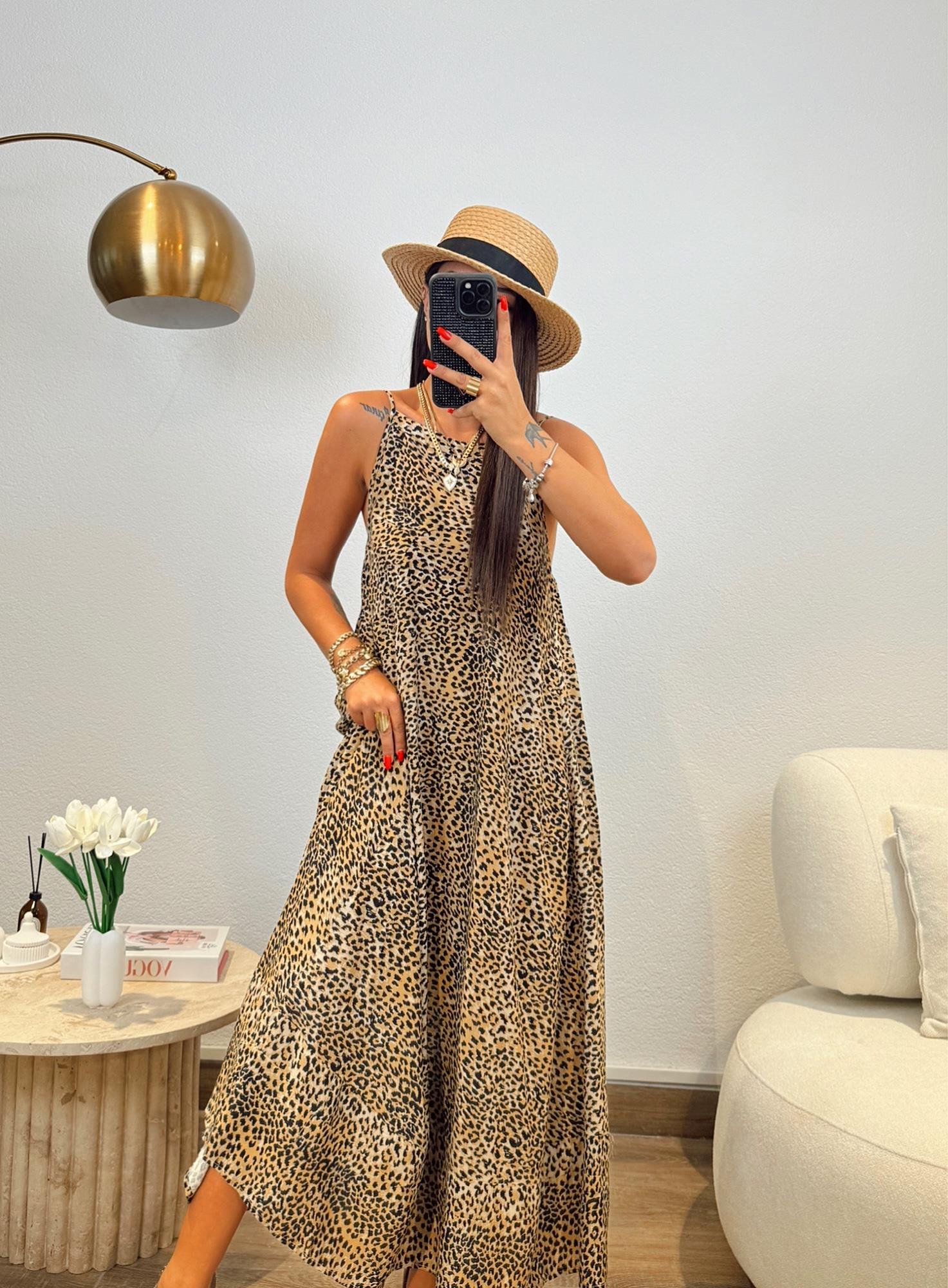 Sırtı Açık Salaş Maxi Leopar Elbise