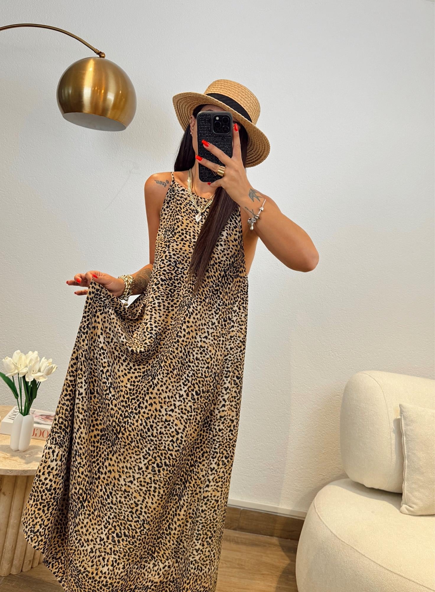 Sırtı Açık Salaş Maxi Leopar Elbise