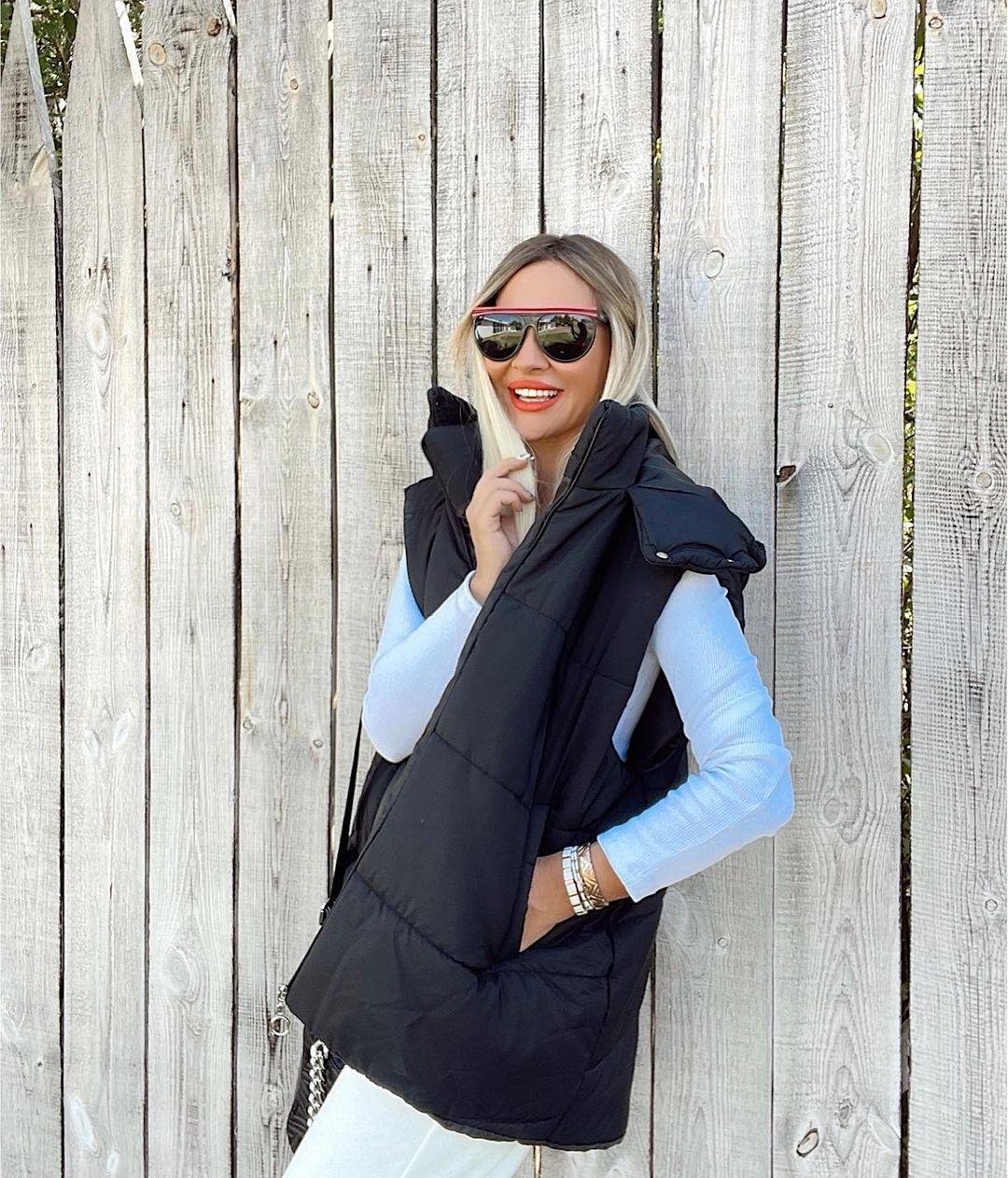 Siyah Kapişonlu Oversize Şişme Yelek