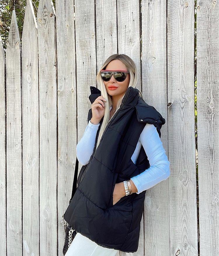 Siyah Kapişonlu Oversize Şişme Yelek