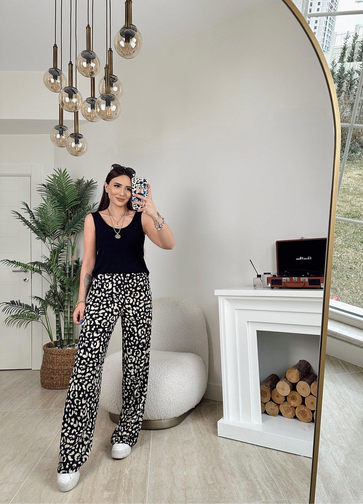 Siyah Leopar Desen Rahat Pantolon