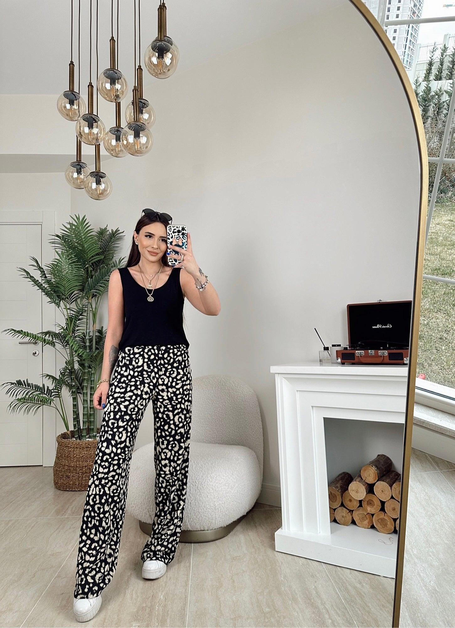 Siyah Leopar Desen Rahat Pantolon