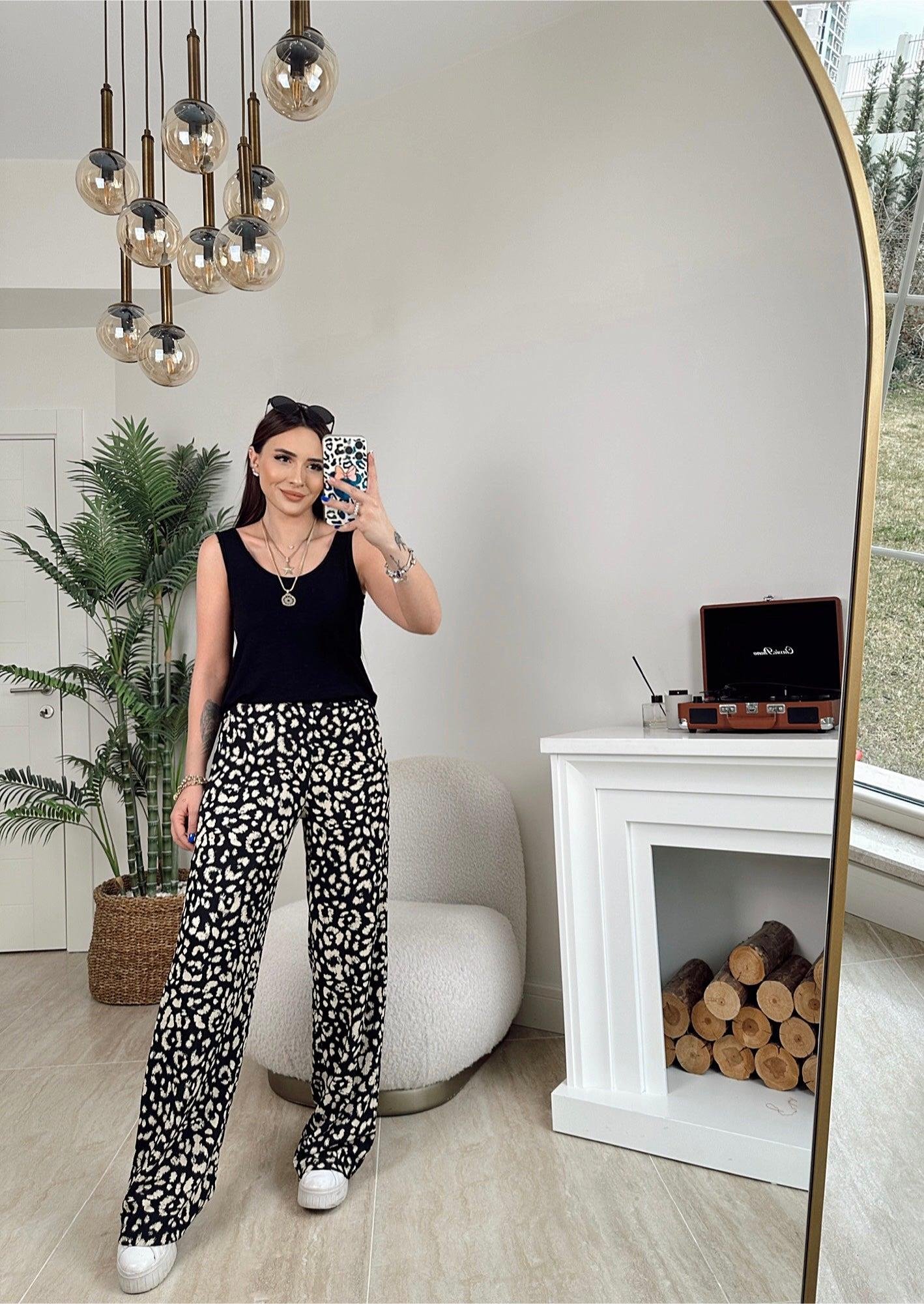 Siyah Leopar Desen Rahat Pantolon