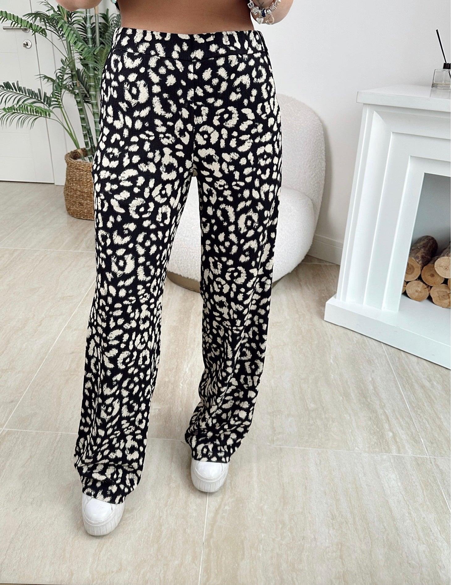 Siyah Leopar Desen Rahat Pantolon