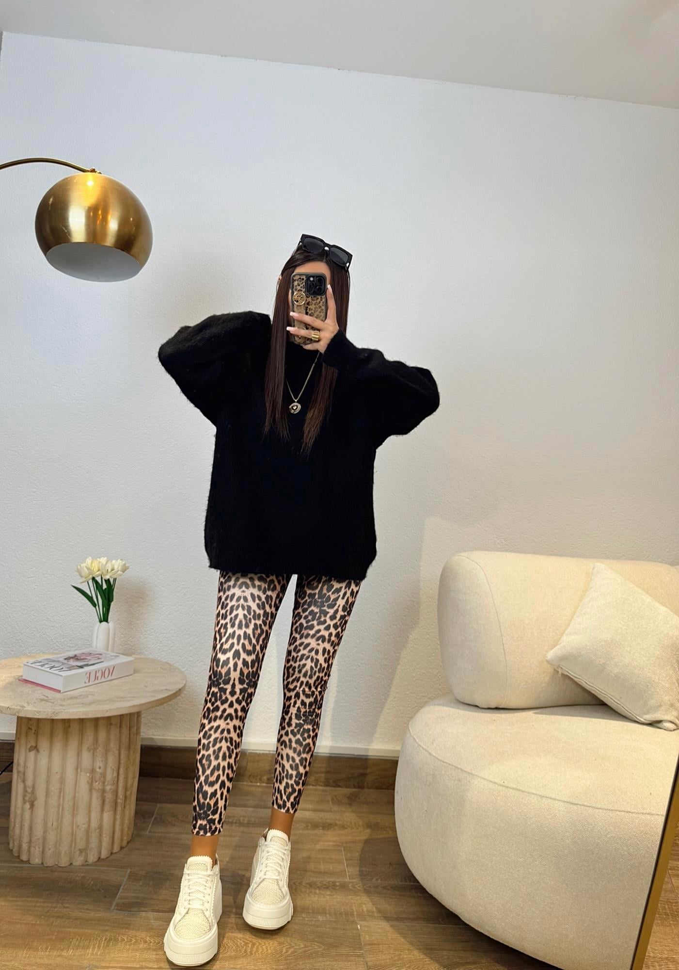 Siyah Leopar Desen Toparlayıcı Tayt