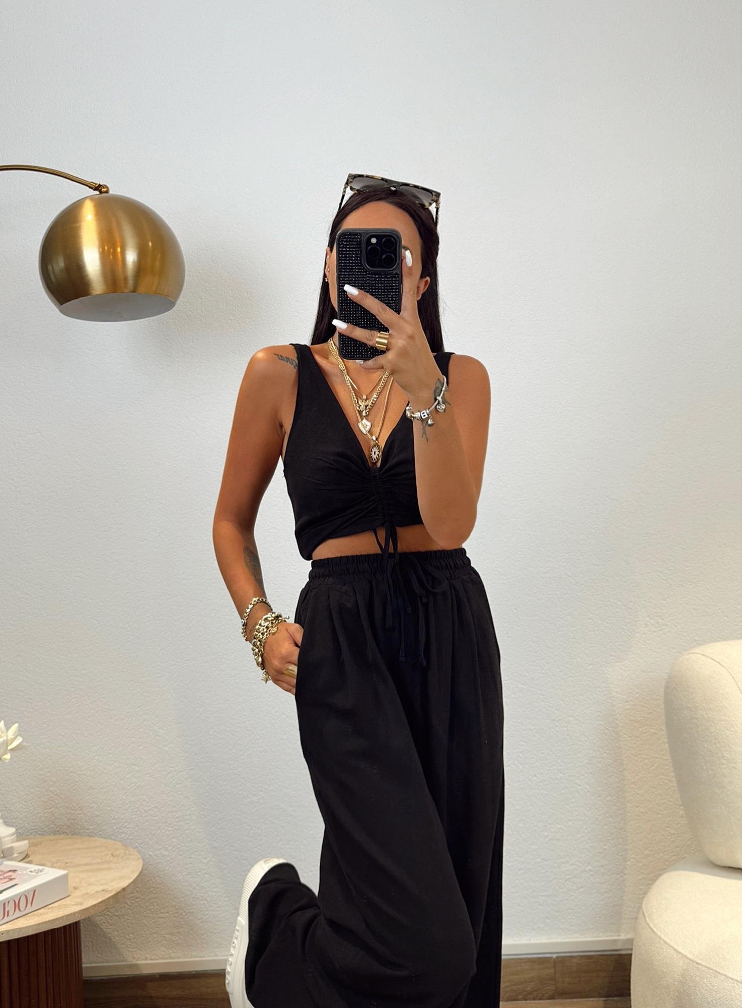Siyah Önden Bağlamalı Crop&Pantolon Keten Takım