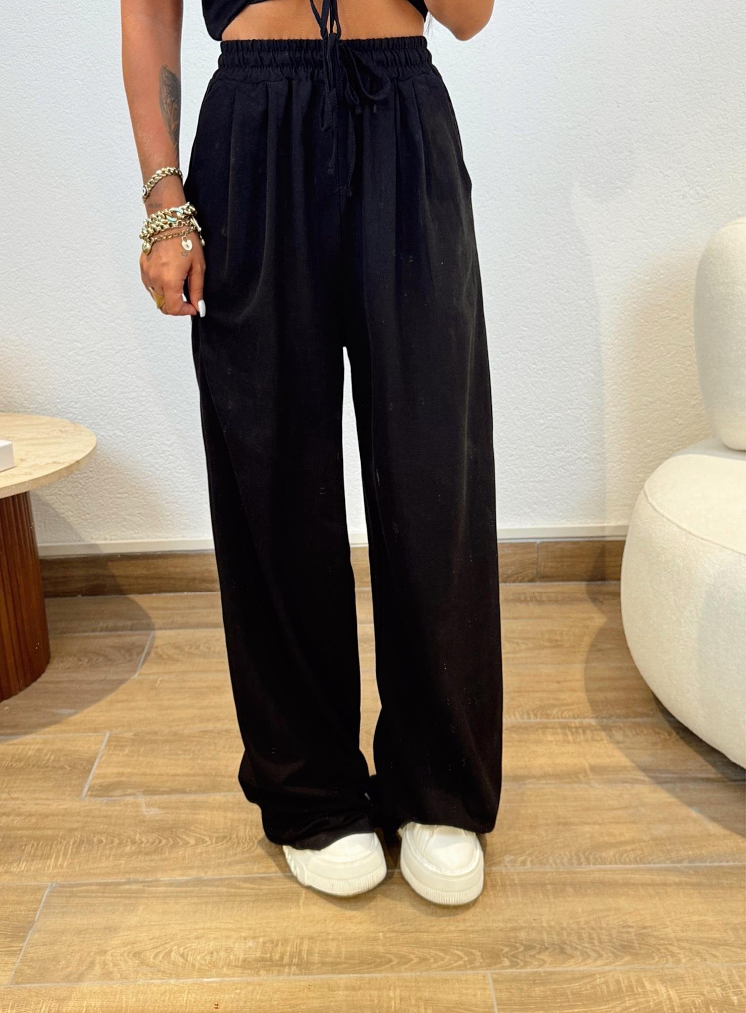 Siyah Önden Bağlamalı Crop&Pantolon Keten Takım