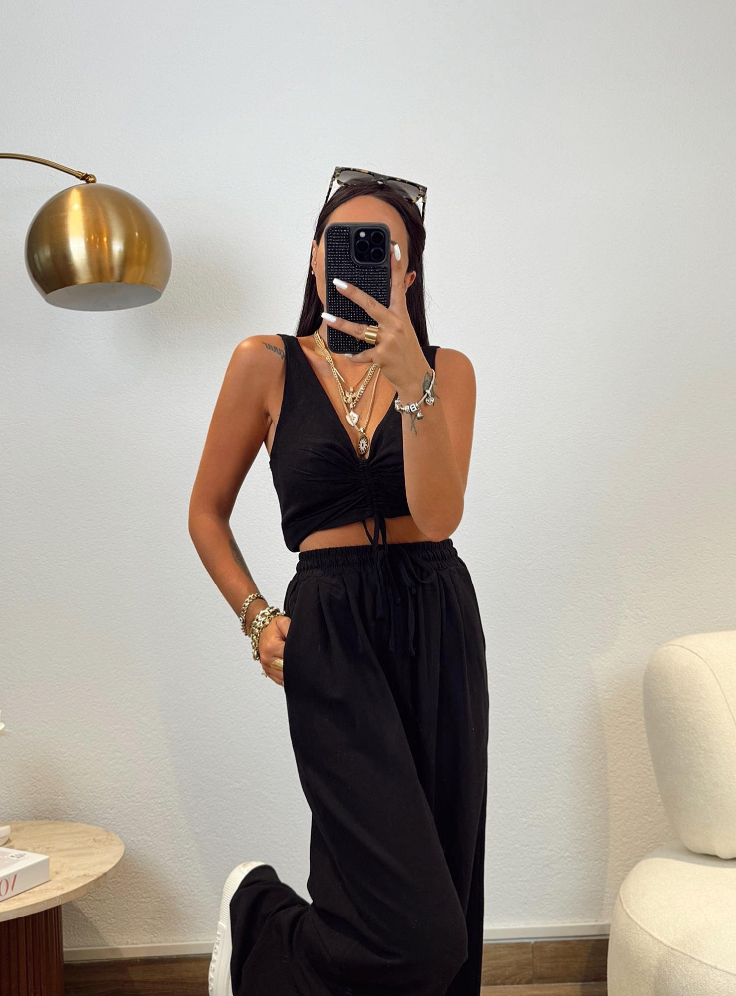 Siyah Önden Bağlamalı Crop&Pantolon Keten Takım