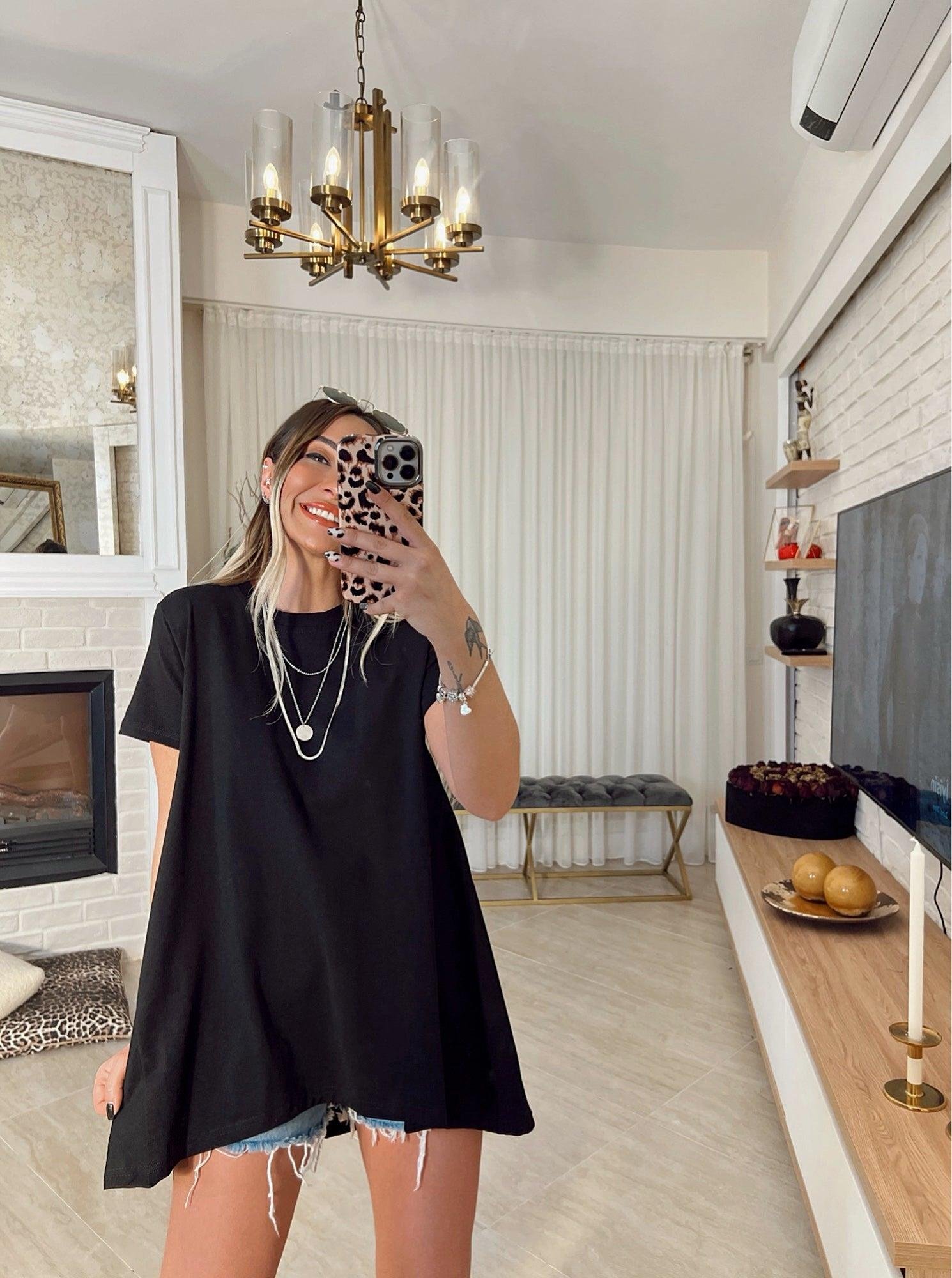 Siyah Poplin Detay Oversize Tshirt