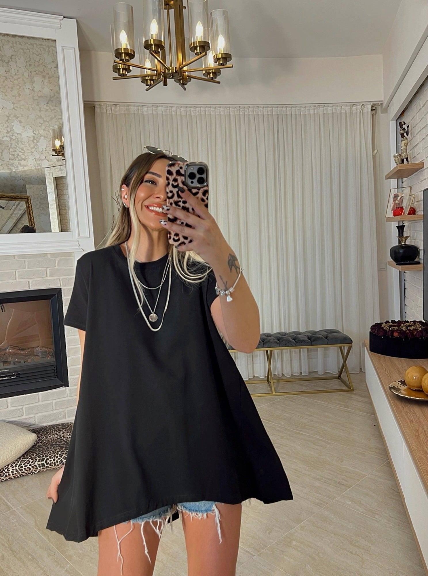 Siyah Poplin Detay Oversize Tshirt