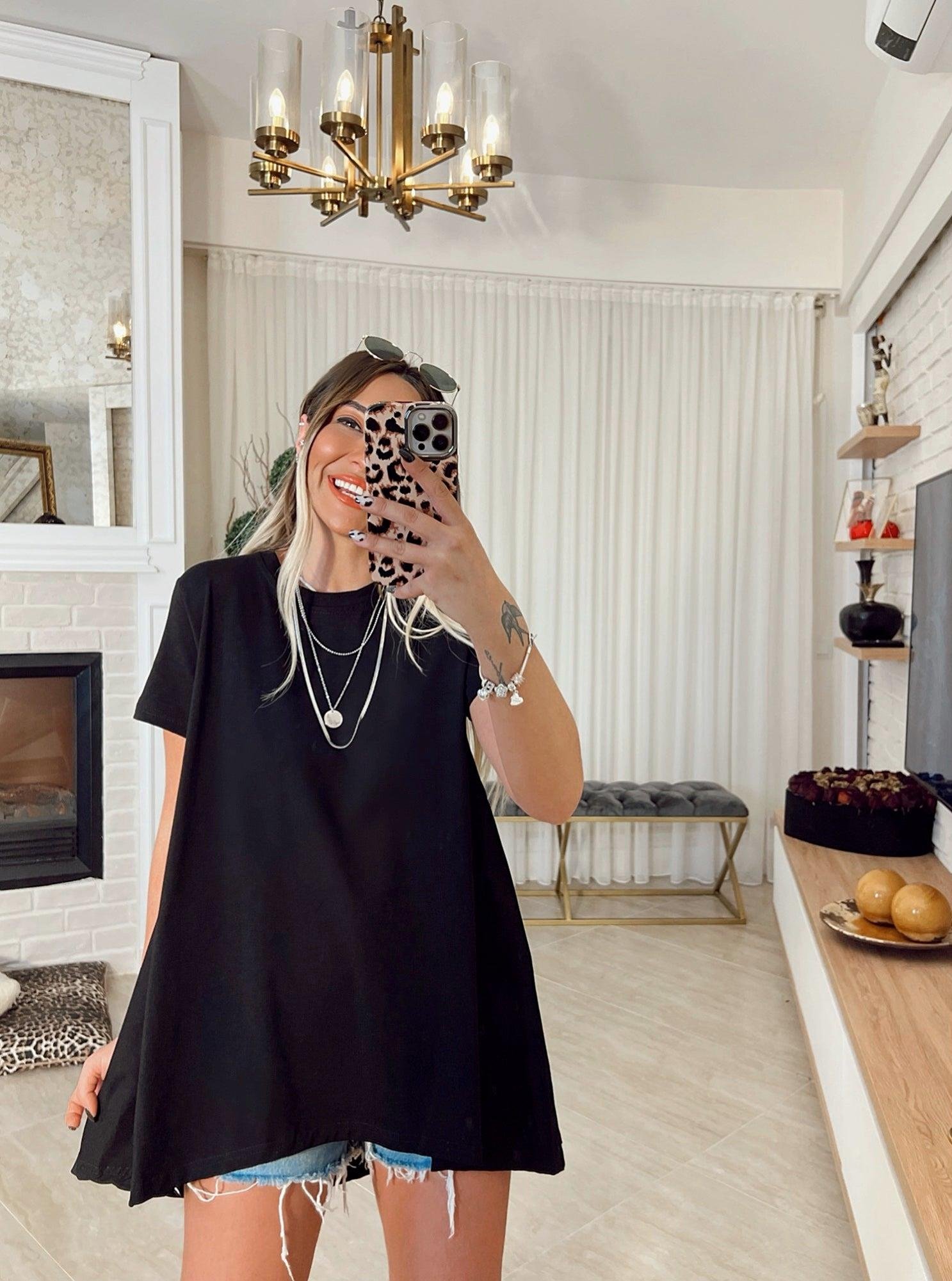 Siyah Poplin Detay Oversize Tshirt
