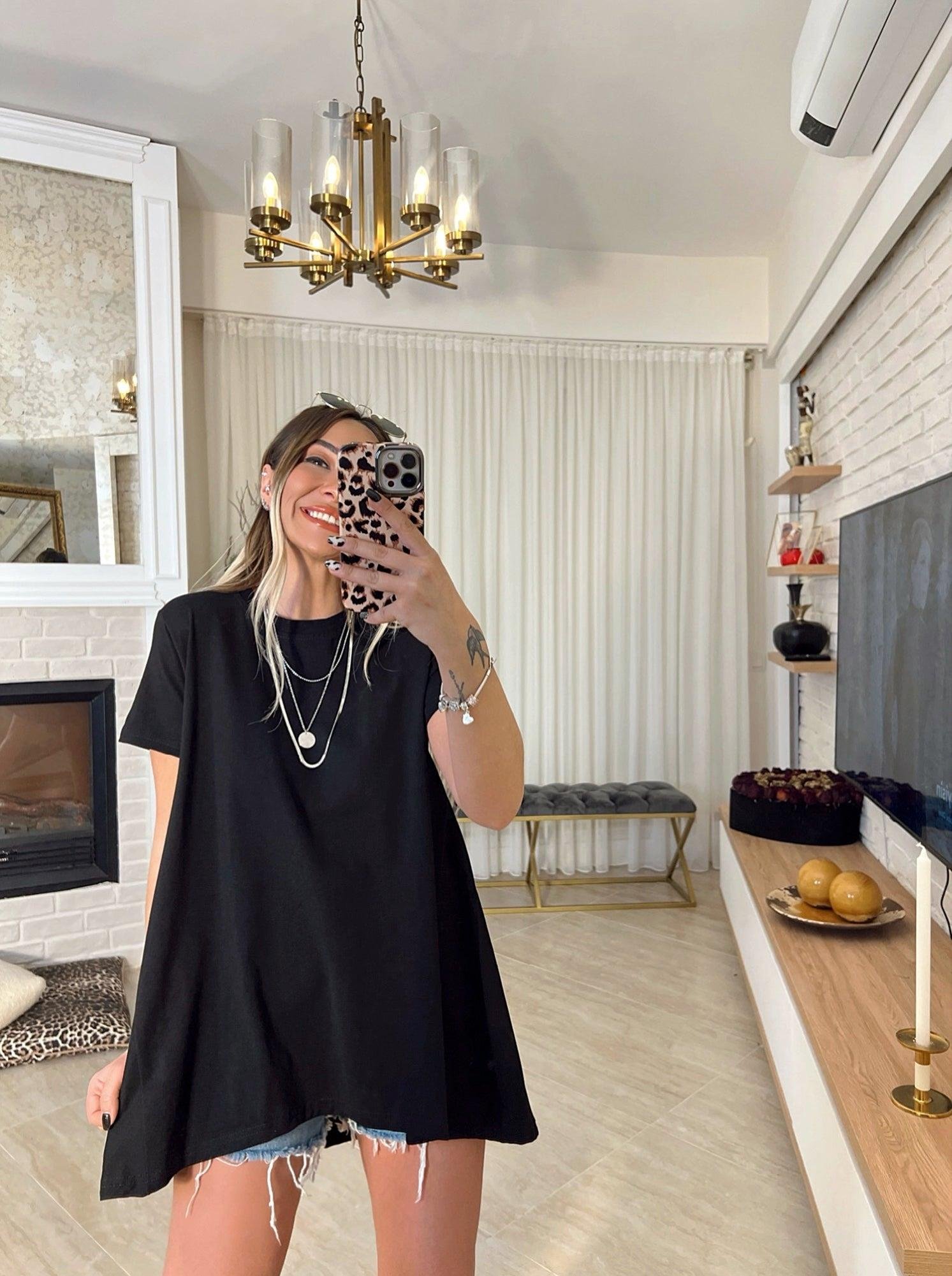 Siyah Poplin Detay Oversize Tshirt