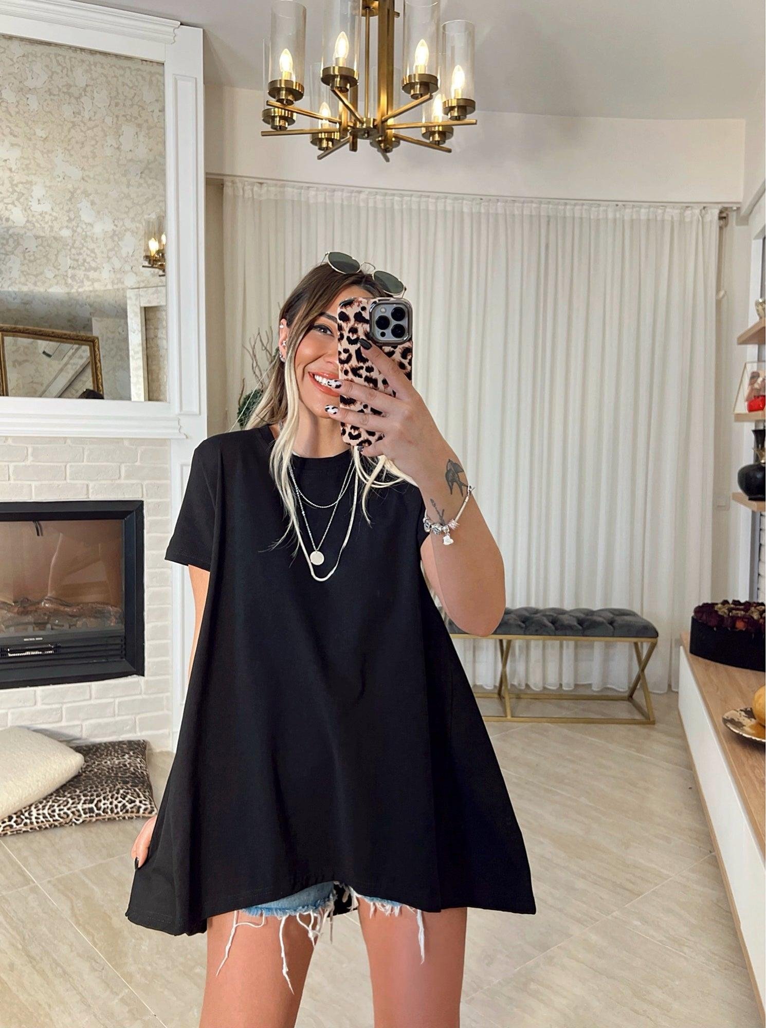 Siyah Poplin Detay Oversize Tshirt