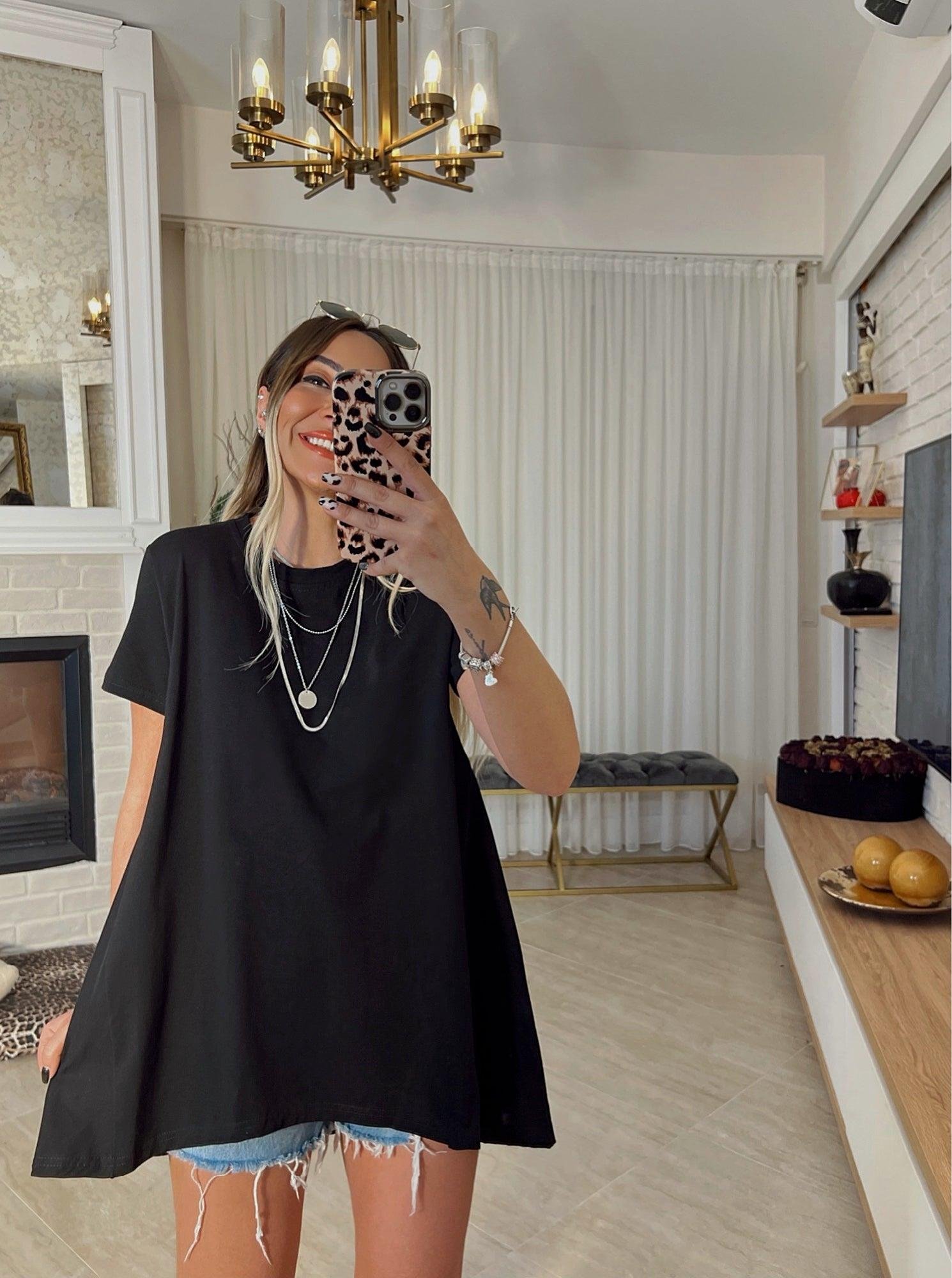 Siyah Poplin Detay Oversize Tshirt