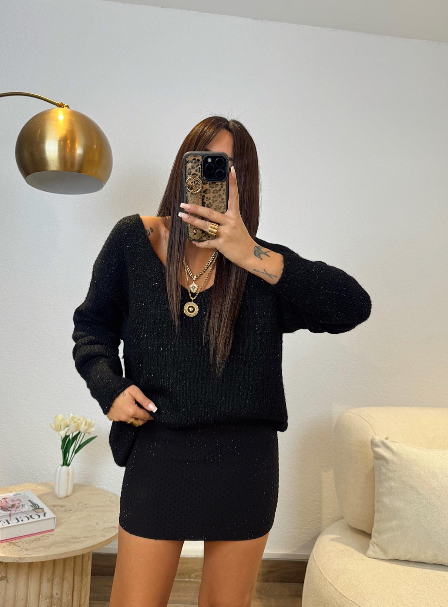 Siyah Taşlı Crep Mini Etek