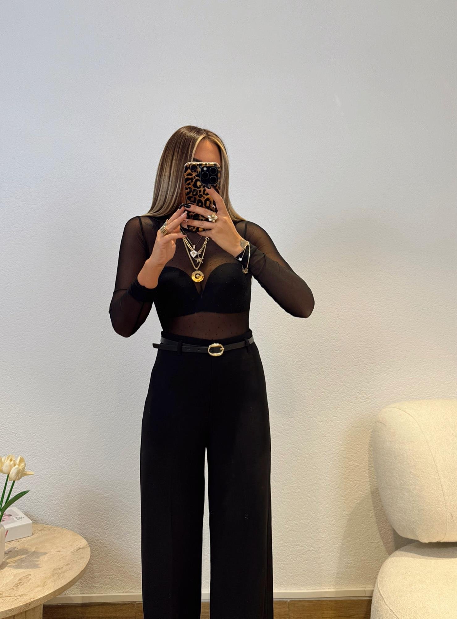 Siyah Taşlı Transparan Bodysuit