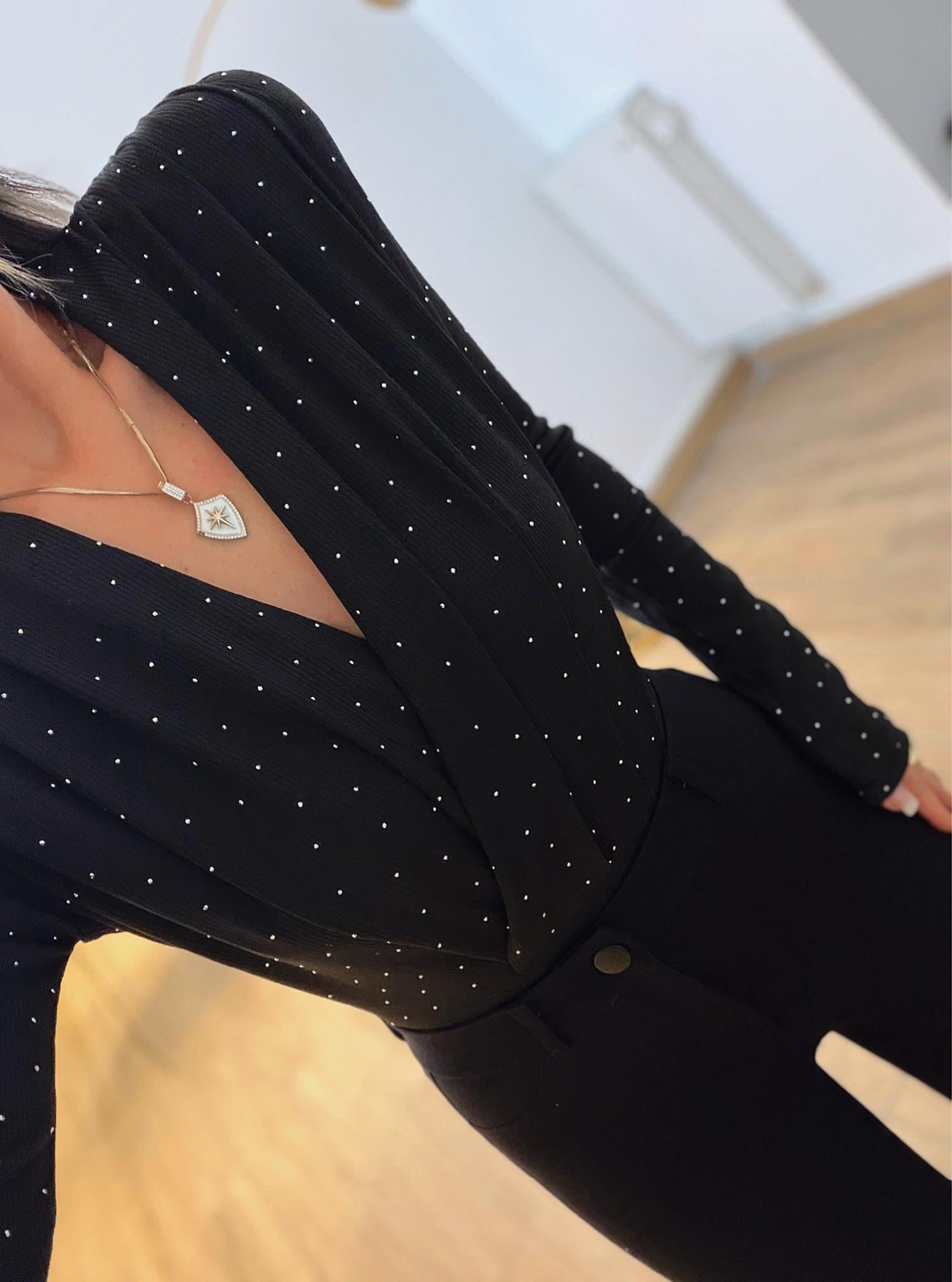 Siyah Vatkalı Taşlı Bodysuit