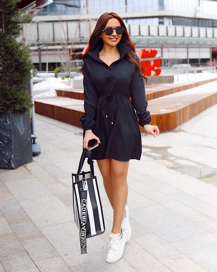 Siyah Z.A Model Dik Yaka Dalgıç Kumaş Basic Elbise
