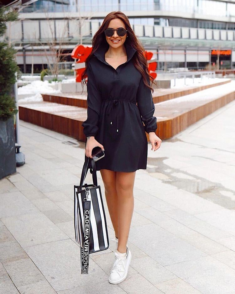 Siyah Z.A Model Dik Yaka Dalgıç Kumaş Basic Elbise